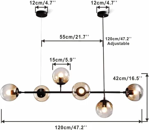 Vista 2 de BOKT Moderna lámpara colgante de bola de cristal de 6 luces para isla de cocina, lámpara colgante lineal para sala de estar, comedor