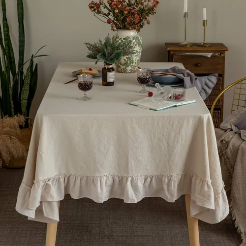 Vista 2 de GLORY SEASON Mantel retro con volantes de algodón lavable para mesa rectangular, para baby shower, cocina, fiesta, decoración de boda, 60 x 84