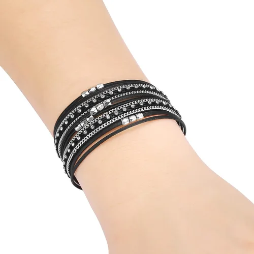 Vista 2 de Fesciory - Pulseras de cuero para mujer, cuentas de cristal, diseño de leopardo, estilo bohemio, múltiples niveles