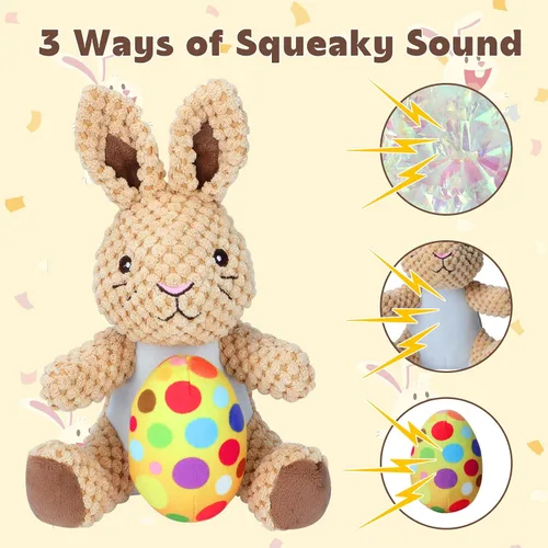 Vista 5 de Rypet Juguetes de peluche para perros, conejito de Pascua con huevo, juguete de felpa chirriante para mascotas con papel arrugado, juguetes