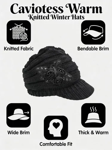 Vista 2 de C-US Gorro de invierno para mujer de punto con ala tejida y visera con detalle de flor Negro