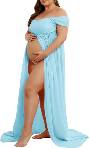 Vista 4 de Vestido de maternidad para sesión de fotos con hombros descubiertos, vestido de gasa con abertura frontal, maxi vestidos de embarazo para fotografía