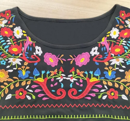 Vista 3 de Melliflo Camisetas mexicanas de manga corta para mujer, bordadas florales, sueltas, estilo étnico, camisetas bohemias