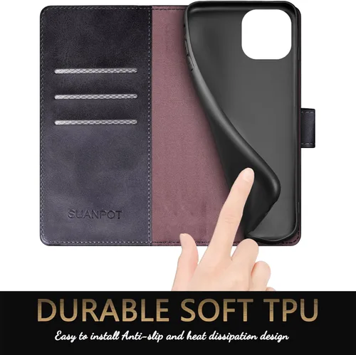 Vista 6 de SUANPOT Funda protectora tipo cartera con función atril para iPhone 15 de 6.1 pulgadas, con soporte para tarjetas de crédito RFID, funda de piel