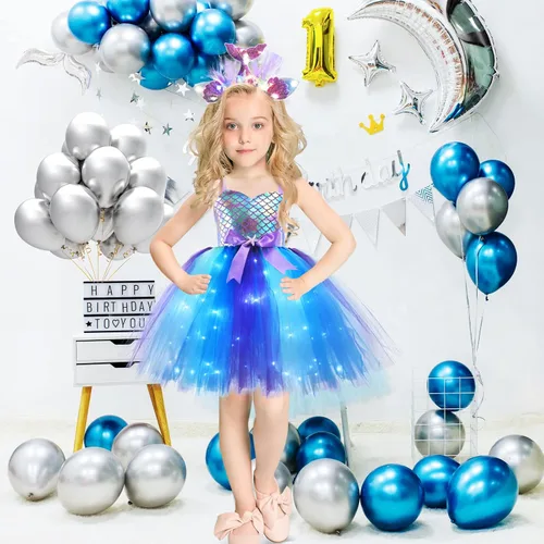 Vista 7 de Girls Mermaid Tutu Dress for Birthday Party, LED Light Up Halloween Mermaid Outfit Dress Up Dress with Headband