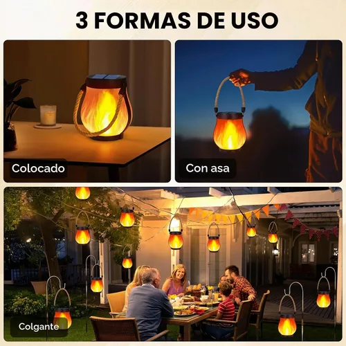 Vista 3 de Faroles solares impermeables para exteriores, paquete de 2 faroles solares de llama bailarina, luces para exteriores, funciona con USB/energía