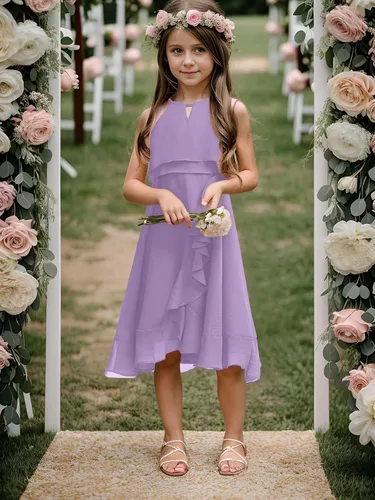 Vista 4 de Vestido de dama de honor para niños, de gasa, con cuello halter, acampanado, elegante, para boda, de 5 a 14 años