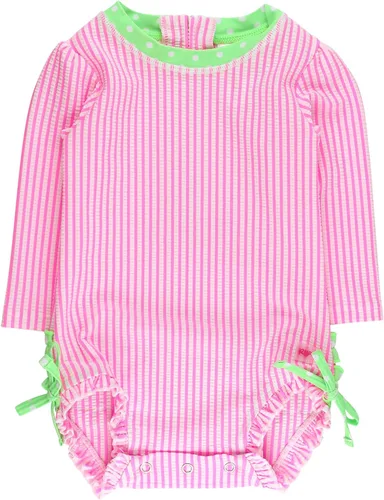 Vista 6 de RuffleButts - Traje de baño de una pieza con mangas largas, de seersucker, con protección solar UPF 50+ para bebé/niñas Seersucker de plátano