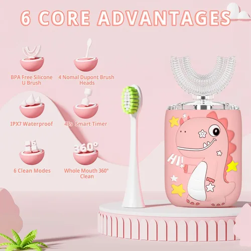 Vista 2 de Cepillo de dientes eléctrico en forma de U para niños, dinosaurio sónico, de boca completa, con 4 cabezales de cepillo suave, automático, 6 modos