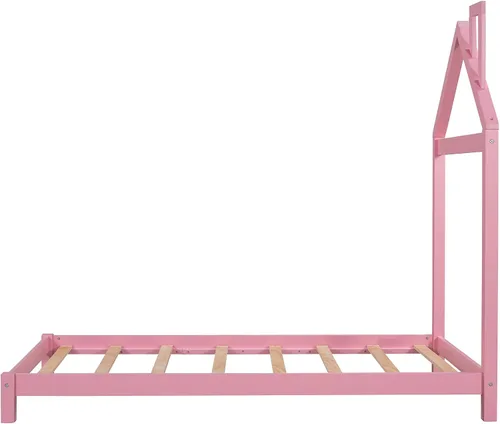Vista 7 de Merax Cama de plataforma de madera tamaño individual con cabecero en forma de casa para niños y niñas, rosa