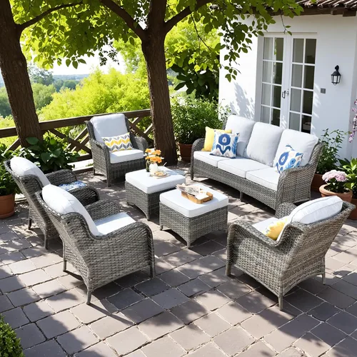 Vista 23 de Juego de muebles de exterior para patio, silla y sofá (ratán marrón, beige, 3 piezas)