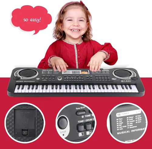 Vista 2 de Piano de teclado electrónico, piano digital eléctrico portátil de 61 teclas con micrófono, cable USB, cargador de enchufe de EE. UU., teclado