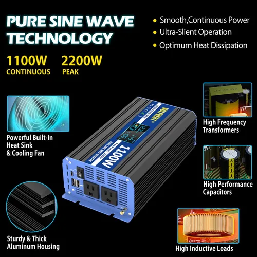 Vista 4 de Inversor de onda sinusoidal pura de 1100 vatios, convertidor de 12 V CC a 110 V 120 V CA con dos salidas de CA, puertos USB, puertos tipo C, control