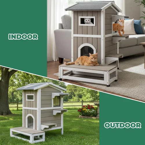 Vista 8 de Casa para gatos al aire libre resistente a la intemperie, casa de madera para gatos de dos pisos con techo que se puede abrir, 4 puertas, balcón