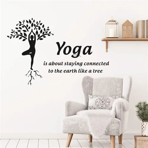 Vista 3 de Adhesivo de pared de árbol de yoga de 23 x 33 pulgadas, calcomanía de vinilo con cita para fitness y meditación, conectado a la tierra como un