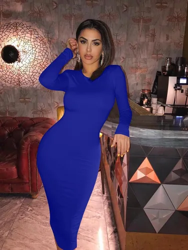 Vista 3 de XXTAXN - Vestido sexi ceñido al cuerpo para mujer, vestido midi tipo lápiz de manga larga y cuello redondo para trabajo y oficina