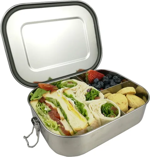Vista 12 de UPTRUST Fiambrera Bento de acero inoxidable, 3 compartimentos, caja Bento de metal grande de 47.3 fl oz para niños o adultos, contenedor con clips