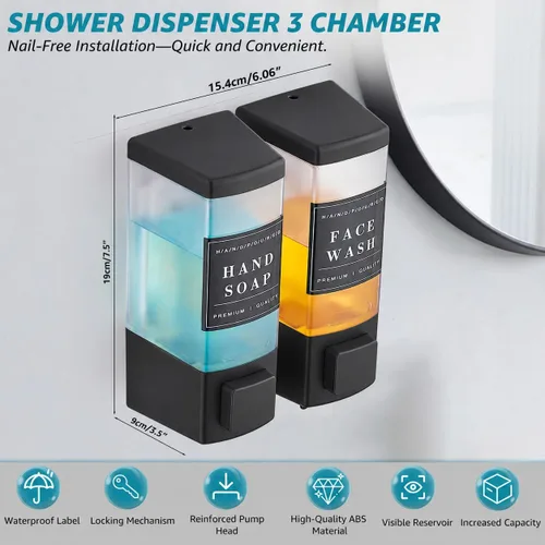 Vista 2 de Dispensador de champú y acondicionador para ducha, 2 cámaras, negro Dm25-negro