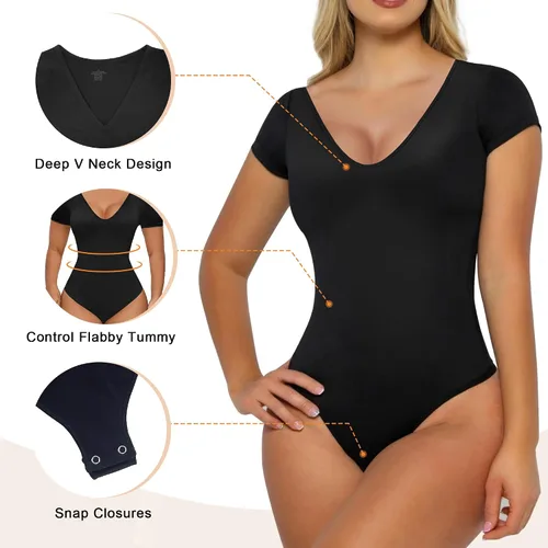 Vista 4 de SHAPERX Body de cuello en V profundo para mujer, sin costuras, control de abdomen, moldeador, tanga esculpiente