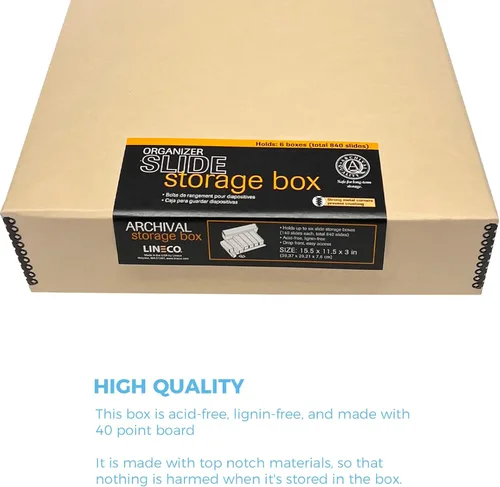 Vista 4 de Lineco, Caja de almacenamiento de diapositivas de archivo, 15.5 x 11.5 x 3 pulgadas, con 6 fundas interiores, color marrón Acid-Free Metal Edge