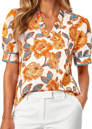 Vista 13 de GRACE KARIN Blusas florales bohemias para mujer, camisas casuales de verano de manga corta abombada, blusa de trabajo de vacaciones con cuello en V