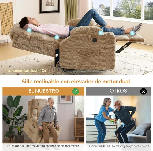 Vista 3 de CDCASA Silla Reclinable de Elevación Eléctrica de Gran Tamaño con Doble Motor que se Recuesta Completamente con Masaje, Calefacción, Textil
