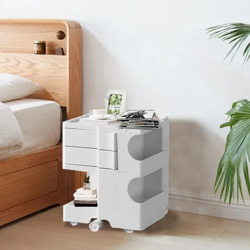 Vista 10 de Mesita de noche con 2 cajones, mesa auxiliar giratoria de 360° junto a la mesita de noche, muebles organizadores, moderna mesita de noche