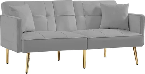 Vista 5 de Sofá sofá futón con respaldo ajustable, sofá biplaza de terciopelo con patas de metal para sala de estar, dormitorio, espacio pequeño (gris)