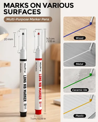 Vista 2 de Nicpro - 6 rotuladores de punta larga con punta fina de cabeza larga de 0.787 in (colorido) Quick Dry & Waterproof Construction Markers, Long Head