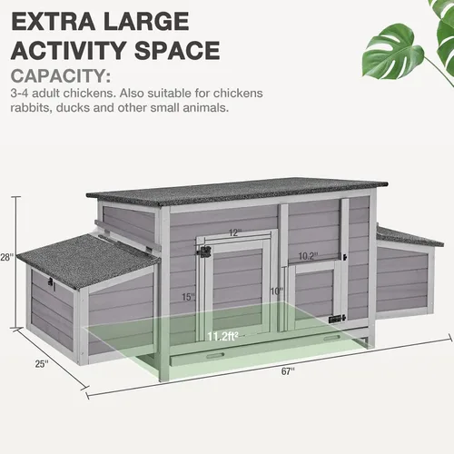 Vista 6 de Gallinero grande expandible para pollos para exterior con dos cajas de anidamiento, bandeja extraíble a prueba de fugas y panel de techo resistente