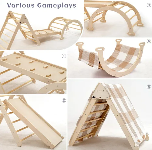 Vista 2 de Pillowhale Juego de triángulos de escalada de madera Montessori extra grande: triángulo plegable para gimnasio, rampa y arco de escalada, parque