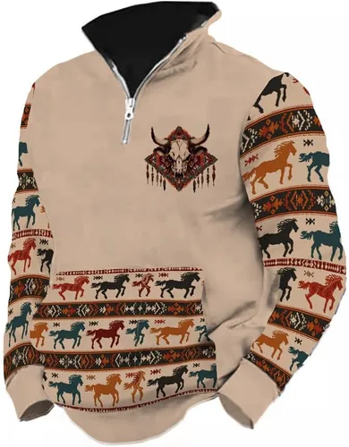 Vista 15 de LOAIHA Native American - Sudadera con capucha para hombre, manga larga, cremallera de 1/4, chaqueta vaquera