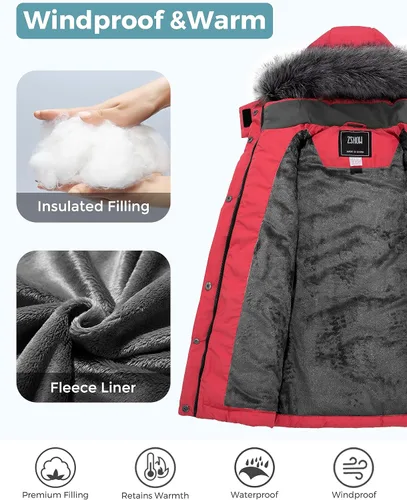 Vista 4 de ZSHOW Abrigo de invierno para niña, resistente al agua, parka larga, cálida y acolchada