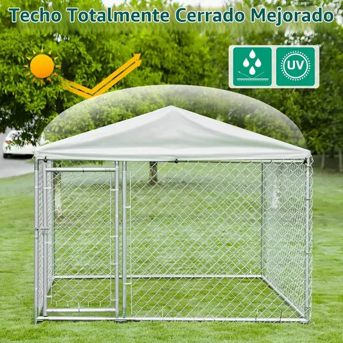 Vista 3 de VIVIJASON Jaula para perros grande para exteriores, resistente, con eslabones de cadena galvanizados, corralito exterior con cubierta impermeable