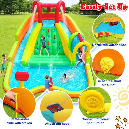 Vista 6 de WELLFUNTIME Parque Inflable de Toboganes de Agua Doble, Casa de Rebote con Pistola de Agua de Arco, Castillo Hinchable con Soplador de Aire