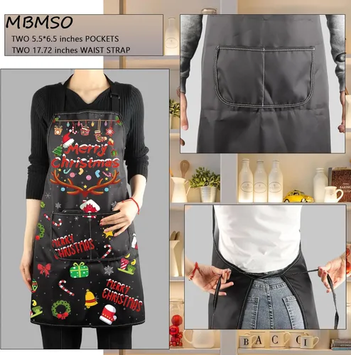 Vista 3 de Delantales de Navidad para mujeres y hombres, delantal de cocina de Navidad con bolsillos, regalos de Feliz Navidad, delantal de chef para hornear