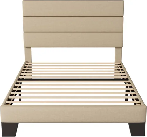 Vista 9 de Allewie Base de cama de plataforma de tamaño individual con cabecera tapizada de tela y soporte de listones de madera, base de colchón totalmente