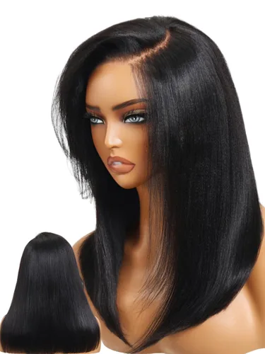 Vista 8 de UNICE Yaki Peluca de Cabello Humano Liso con Cordón y Flequillo Lateral Bye Bye Knots 7X5 Encaje Frontal Pelucas Sin Pegamento de Cabello Humano