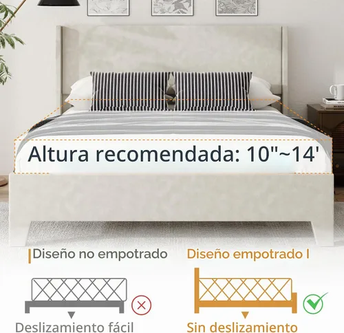 Vista 7 de Base de cama tamaño matrimonial con cabecero tapizado de imitación de cuero, resistente al desgaste, fácil de limpiar, base para colchón, no Beige