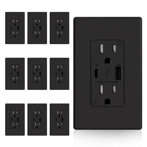 Vista 24 de ELEGRP Cargador USB de pared, receptáculo USB con puertos USB tipo A y tipo C, enchufe dúplex de 15 amperios resistente a manipulaciones NEMA 5-15R