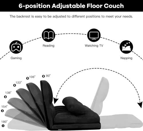 Vista 5 de KOMFOTT Sofá cama ajustable de suelo, sofá cama plegable con respaldo de 6 posiciones y 2 almohadas, futón convertible con funda de tela de gamuza
