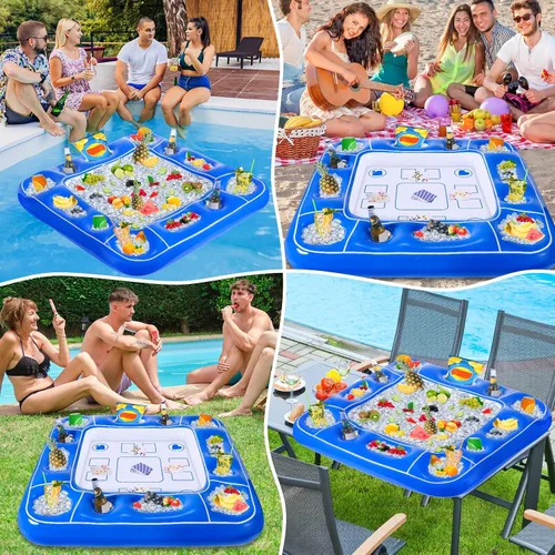 Vista 7 de Mesa de juego inflable para piscina con cartas impermeables (35.5 x 35.5 pulgadas, azul/blanco)