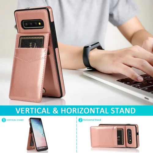 Vista 3 de Funda de teléfono para Samsung Galaxy S10 Plus con protector de pantalla de vidrio templado, soporte para tarjeta de crédito, soporte de cuero