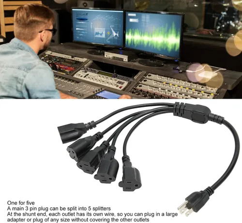 Vista 4 de Divisor de cable de alimentación de 5 vías, 3 clavijas de 1 a 5 salidas, ahorro de espacio 16AWG 18AWG para luz LED de escenario de computadora