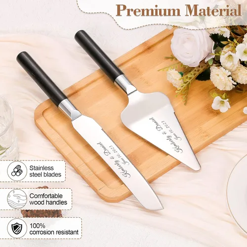 Vista 3 de Juego de corte de pasteles personalizado para bodas, cuchillos de pastel y servidor, grabado gratis, cortador de pastel de postre de madera Plateado