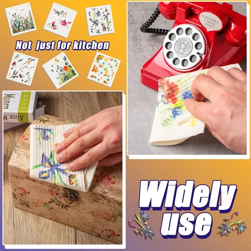 Vista 6 de Geiserailie 6 paños de cocina suecos con mariposas, flores silvestres, paños de cocina reutilizables, esponjas, absorbentes, de secado rápido