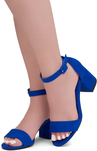 Vista 5 de Shoe Land SL-Romina - Sandalias de tacón bajo para mujer, puntera abierta, correa en el tobillo, tacón grueso, zapatos de tacón de tacón grueso