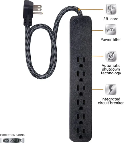 Vista 2 de GE UltraPro - Protector SurGE de 6 tomas, cable de extensión trenzado de diseño de 2 pies, enchufe plano, cable de alimentación largo, montaje