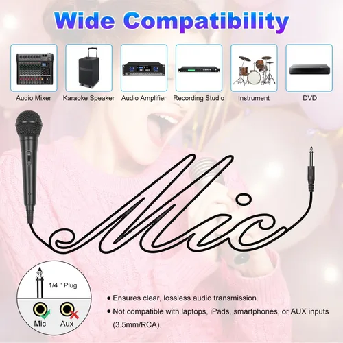 Vista 5 de Micrófono de mano con cable, micrófono vocal dinámico cardioide de mano dual con interruptor de encendido/apagado, cable de 13 pies, conector