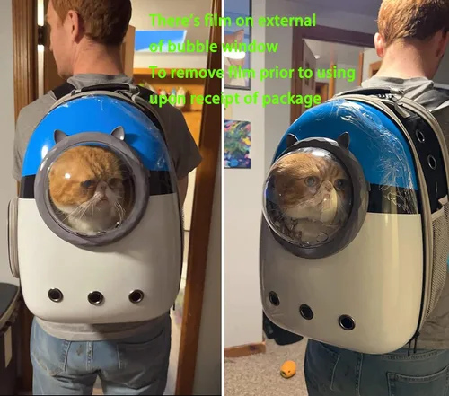 Vista 5 de Mochila expandible para gatos, mochila para gatos, gatitos y cachorros pequeños, mochila de burbujas aprobada por aerolíneas, cápsula espacial Azul